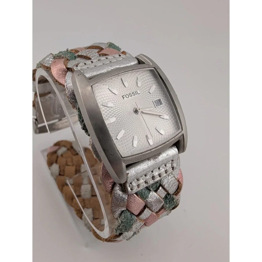Fossil Women's Watch 30mm Silver Case Multicolor Woven Bund Strap- New Battery